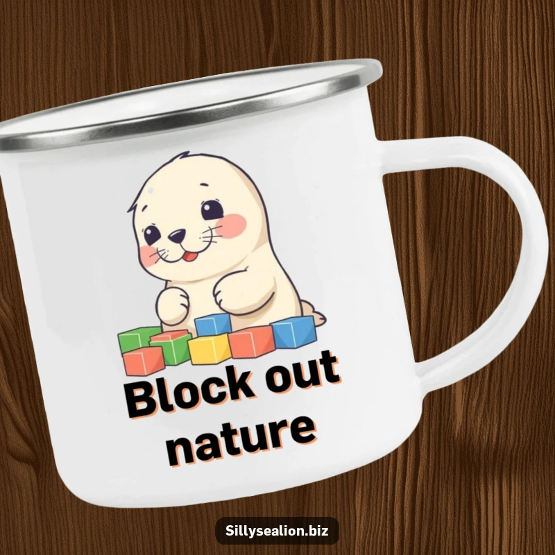 Funny sea lion pup camping mug featuring a cute pup sorting colorful blocks, designed for outdoor enthusiasts who love humor.