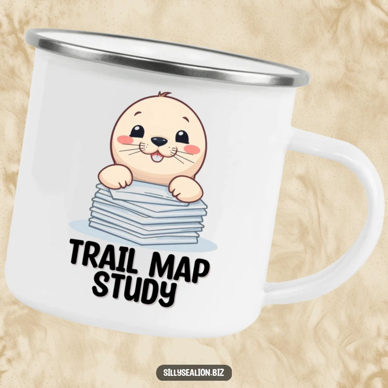 Funny sea lion camping mug, playfully peeking over papers with a mischievous grin, for witty outdoor enthusiasts.