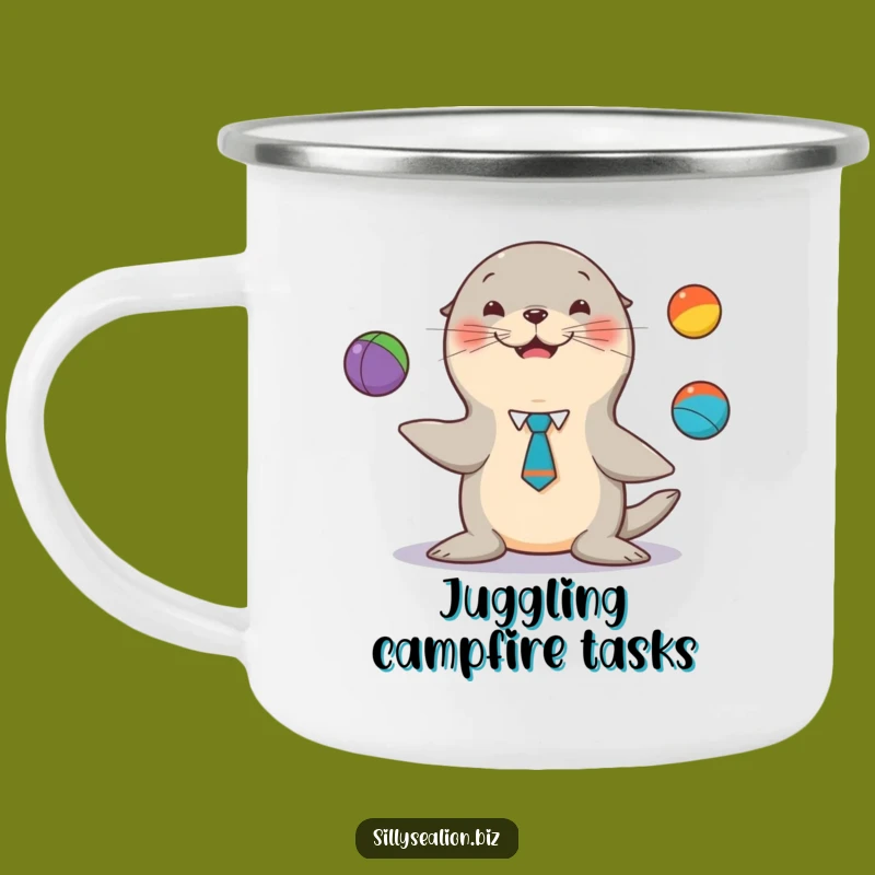 Funny Sea Lion Juggler Camping Mug: Adventure with Dapper Pup Performing Humor