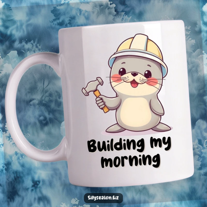 Funny sea lion pup mug, wearing a hard hat, enthusiastically holding a tiny hammer, ready for construction fun.