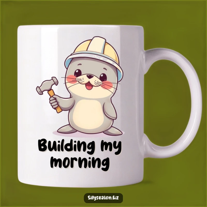 Funny Sea Lion Builder Mug: Hard Hat Pup with Hammer Ready for Work