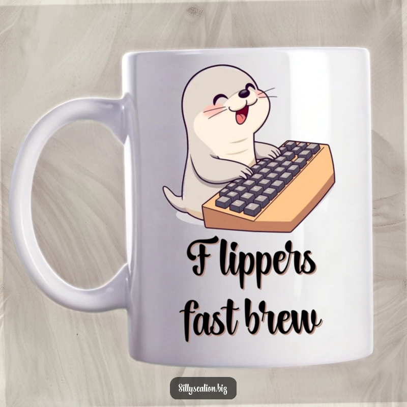 Funny sea lion mug showing a cute sea lion character energetically typing on an oversized keyboard, full of digital determination.