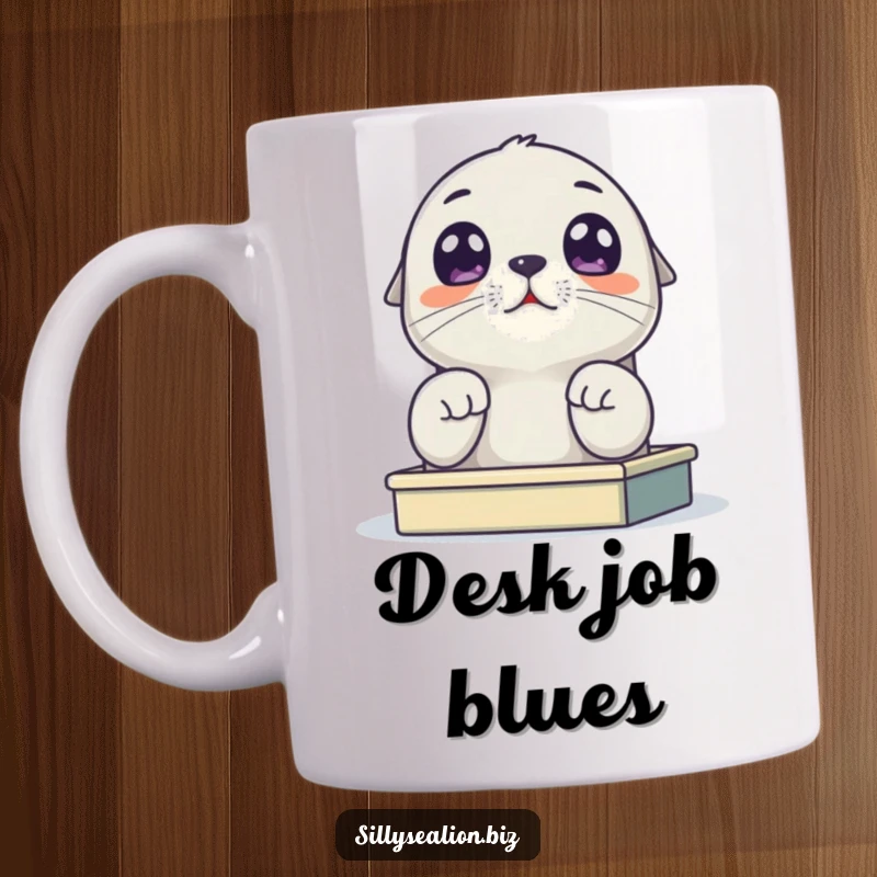 Funny sea lion pup mug showing a cute pup with large, expressive eyes peering up from a miniature desk, looking slightly overwhelmed.