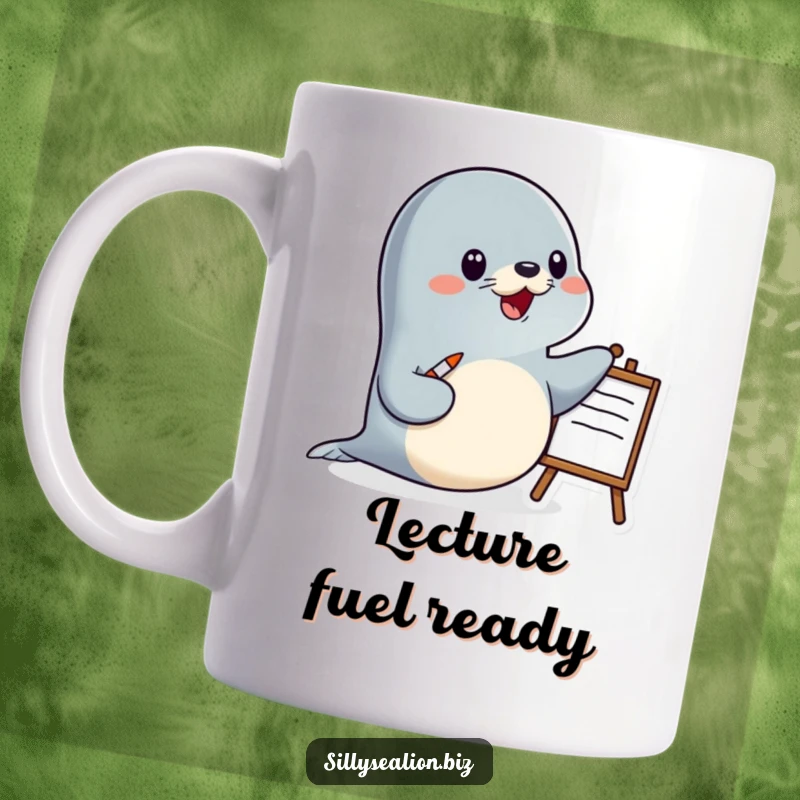 Funny sea lion mug showing a happy sea lion character confidently giving a presentation with a pointer and a whiteboard.