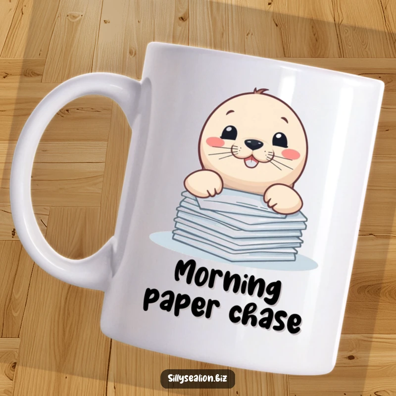 Funny sea lion pup mug, playfully peeking over a stack of papers with a mischievous grin.