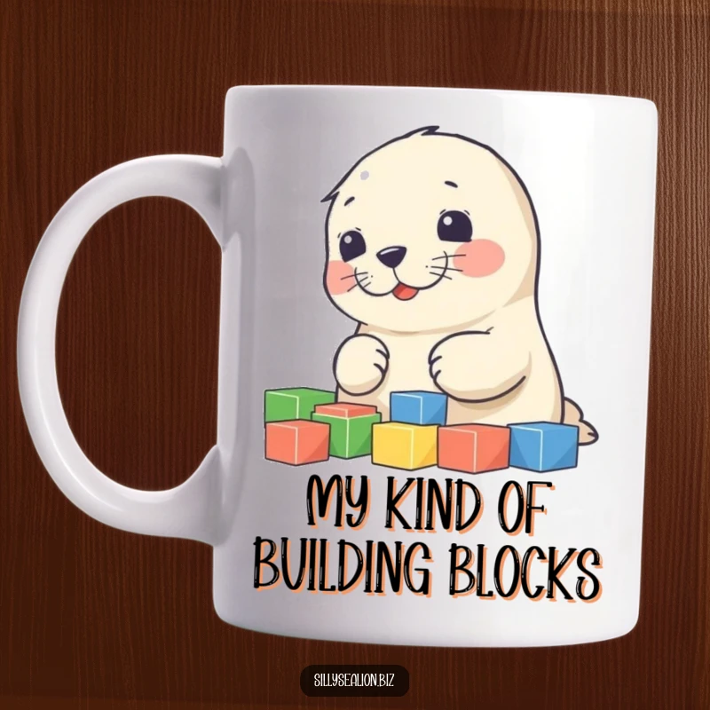 Funny sea lion pup mug featuring an adorable character meticulously sorting colorful building blocks with a joyful expression.