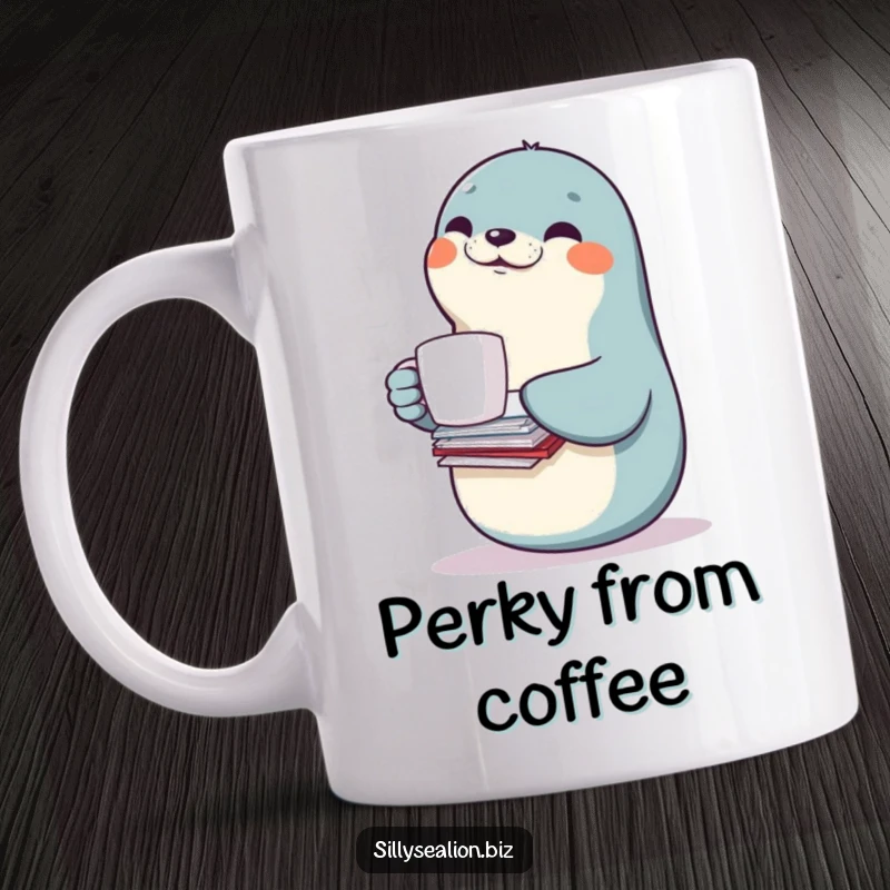 Funny sea lion mug featuring a smiling sea lion character expertly balancing a coffee cup and a stack of papers.