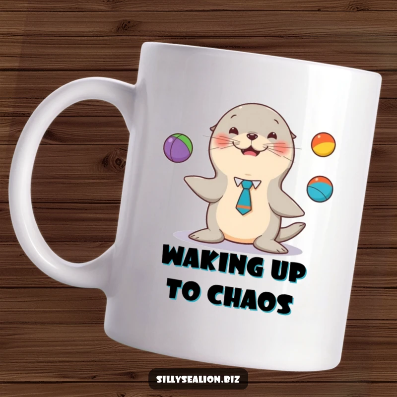 Funny sea lion pup mug, wearing a tiny tie, happily juggling three colorful balls, showcasing skill and humor.
