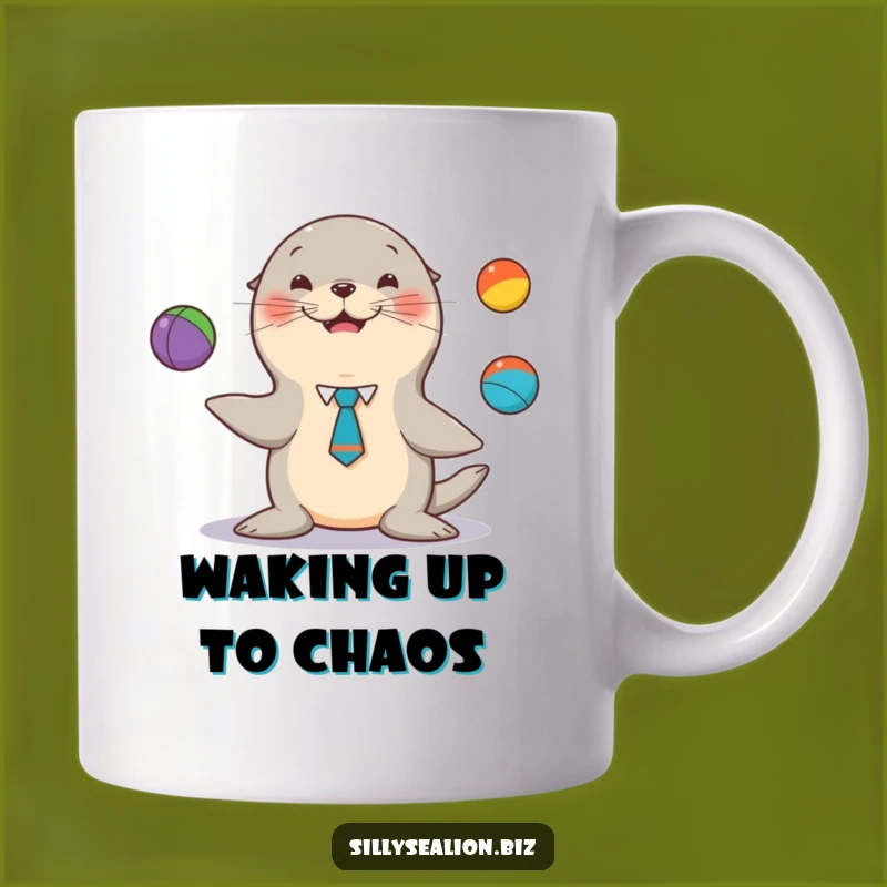 Funny Sea Lion Juggler Mug: Dapper Pup with Tie Balancing Colorful Balls