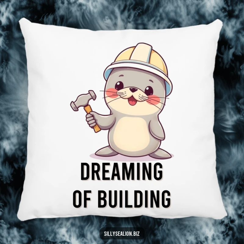 Funny sea lion pillow, wearing a hard hat, holding a tiny hammer, offering comfort and construction humor.