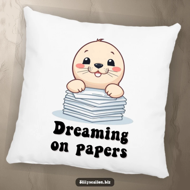 Funny sea lion pillow, playfully peeking over a stack of papers with a wide, happy grin.