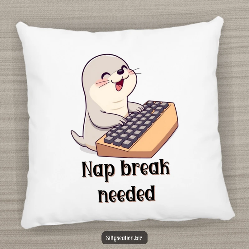 Funny sea lion pillow featuring a cute sea lion character enthusiastically typing on a giant keyboard, bringing cozy tech humor.