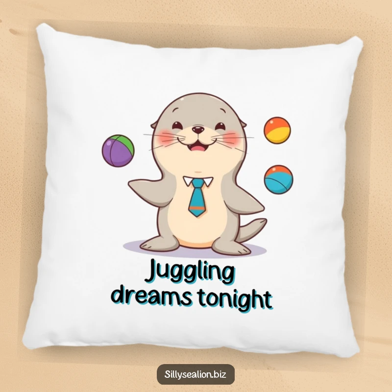 Funny sea lion pillow, wearing a tie, happily juggling colorful balls, offering comfort and playful humor.