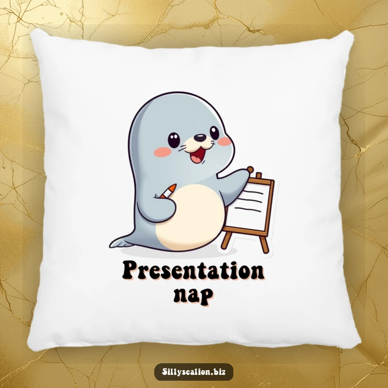 Funny sea lion pillow with a happy sea lion character presenting with a pointer and a whiteboard, offering cozy educational humor.