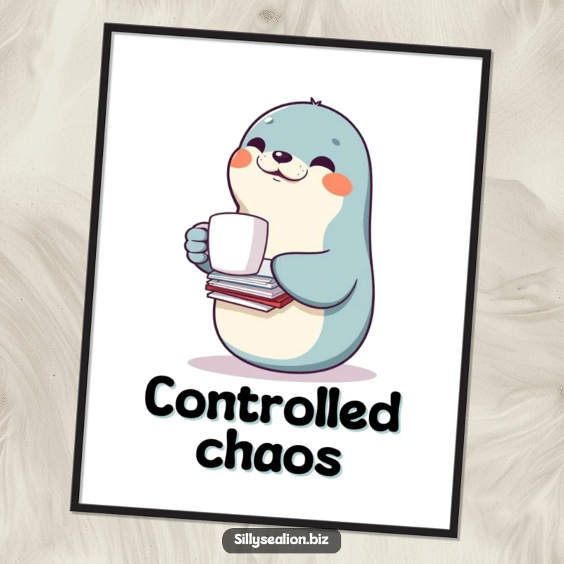 Funny sea lion digital art print of a smiling sea lion character balancing a coffee mug and papers, ideal for workspace decor.