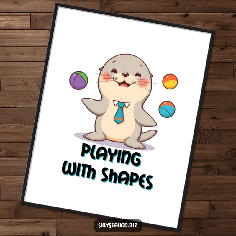 Funny sea lion digital art print, a tie, happily juggling colorful balls, for charming circus-themed decor.