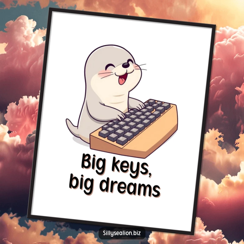 Funny sea lion digital art print of a cute sea lion character typing on an oversized keyboard, embodying digital energy.