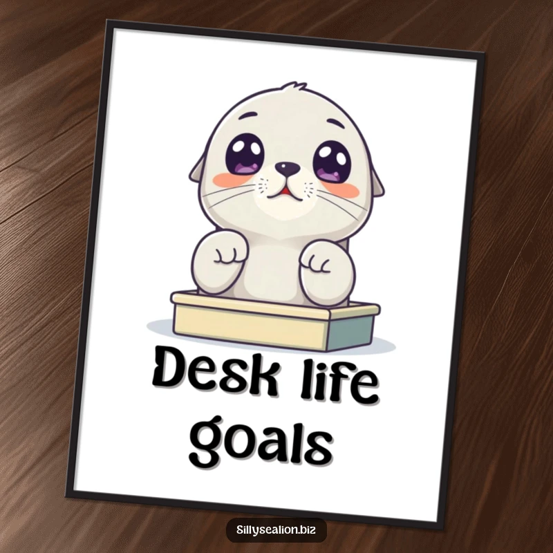 Funny sea lion pup digital art print showing a cute pup with wide eyes looking up from a tiny desk, perfect for instant, humorous decor.