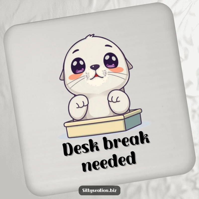 Funny sea lion pup drink coaster showing a cute pup with wide eyes looking up from a tiny desk, adding a touch of humor.