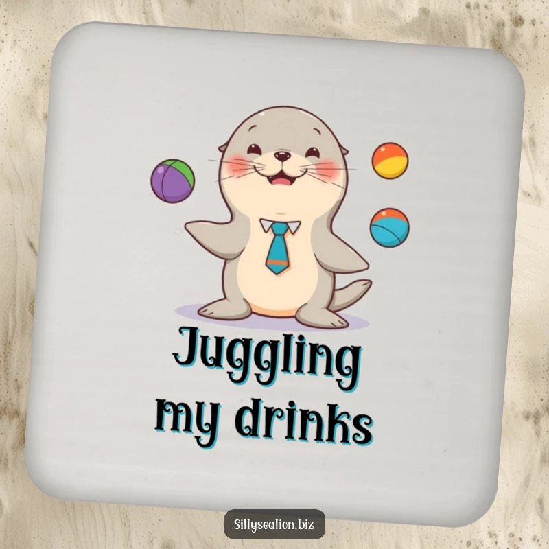 Funny sea lion coaster, a tie, happily juggling colorful balls, adding circus humor to drinks.