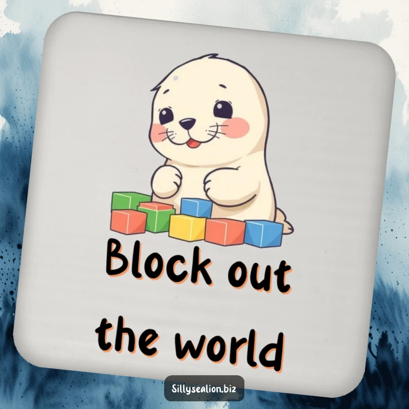 Funny sea lion pup drink coaster showing a cute pup busy sorting colorful blocks, adding a touch of humor to any setting.