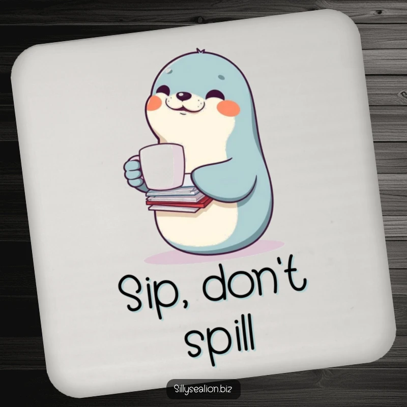 Funny sea lion drink coasters showing a smiling sea lion character balancing a coffee mug and papers, providing desk protection.