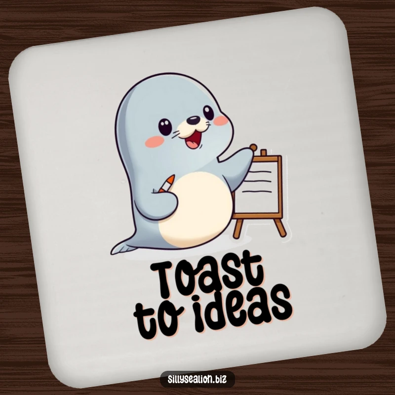 Funny sea lion drink coasters showing a happy sea lion character presenting with a pointer and whiteboard, adding educational flair.