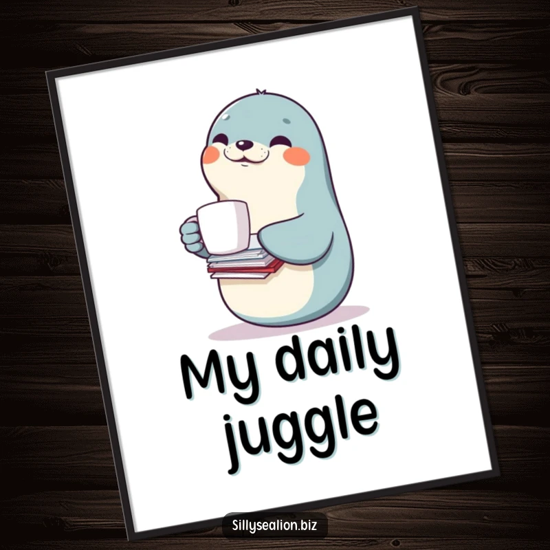 Funny sea lion poster showcasing a smiling sea lion character expertly balancing a coffee mug and a stack of documents.