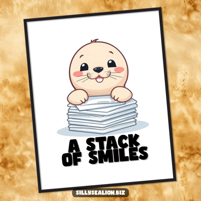 Funny sea lion poster, a pup playfully peeking over papers with a wide, mischievous grin.
