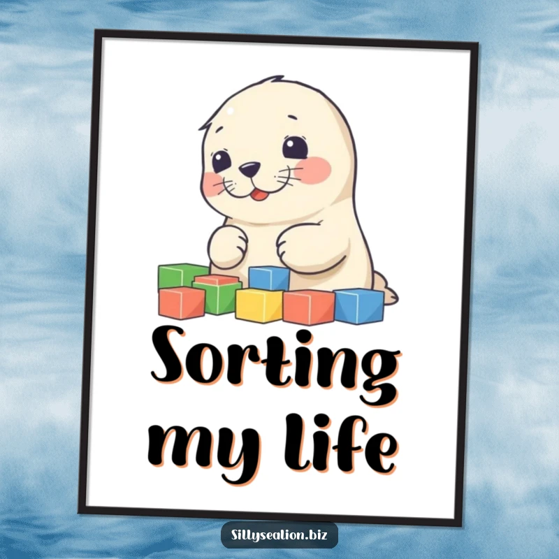 Funny sea lion pup poster displaying a joyous pup sorting a vibrant collection of small building blocks, bringing cheerful vibes.