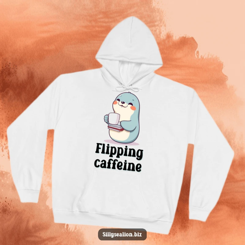 Funny sea lion hoodie showing a smiling sea lion character skillfully balancing a coffee mug and a large stack of papers.