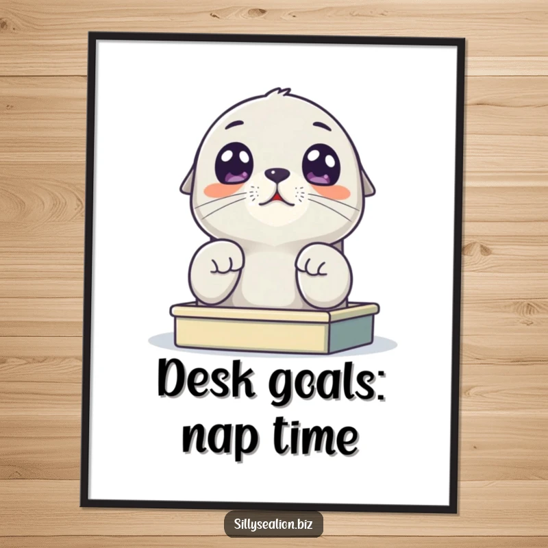 Funny Free Printable Wall Art: A sea lion pup with huge, curious eyes peering over a tiny desk, creating a funny and endearing scene.