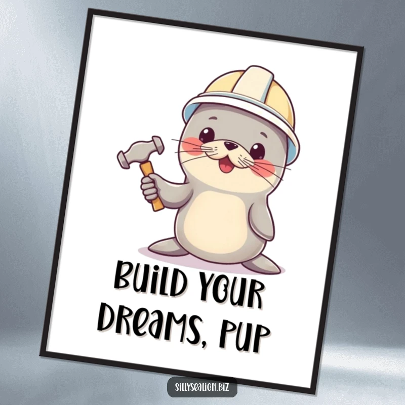 Funny Free Printable Wall Art of a sea lion pup wearing a yellow hard hat, enthusiastically holding a tiny hammer, ready for a project.