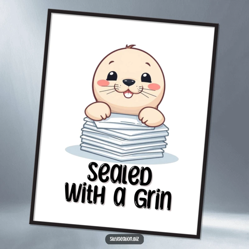 Funny Free Printable Wall Art of a sea lion pup peering cheekily over a large stack of papers, wearing a mischievous grin.