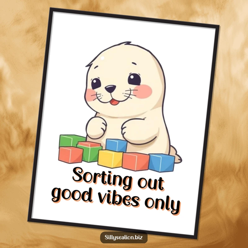 Funny Free Printable Wall Art: A cute sea lion pup engrossed in sorting colorful blocks, adding a whimsical touch to any room.