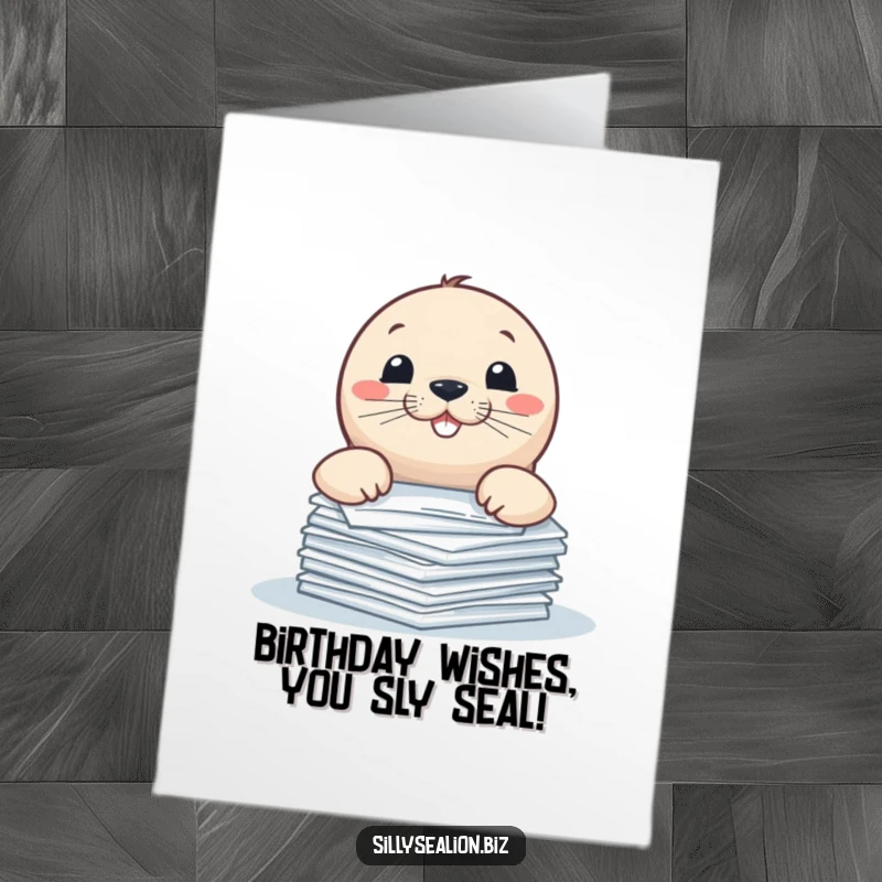 Funny Free Printable Birthday Card of a sea lion pup peeking over papers with a playful grin, ready to celebrate.