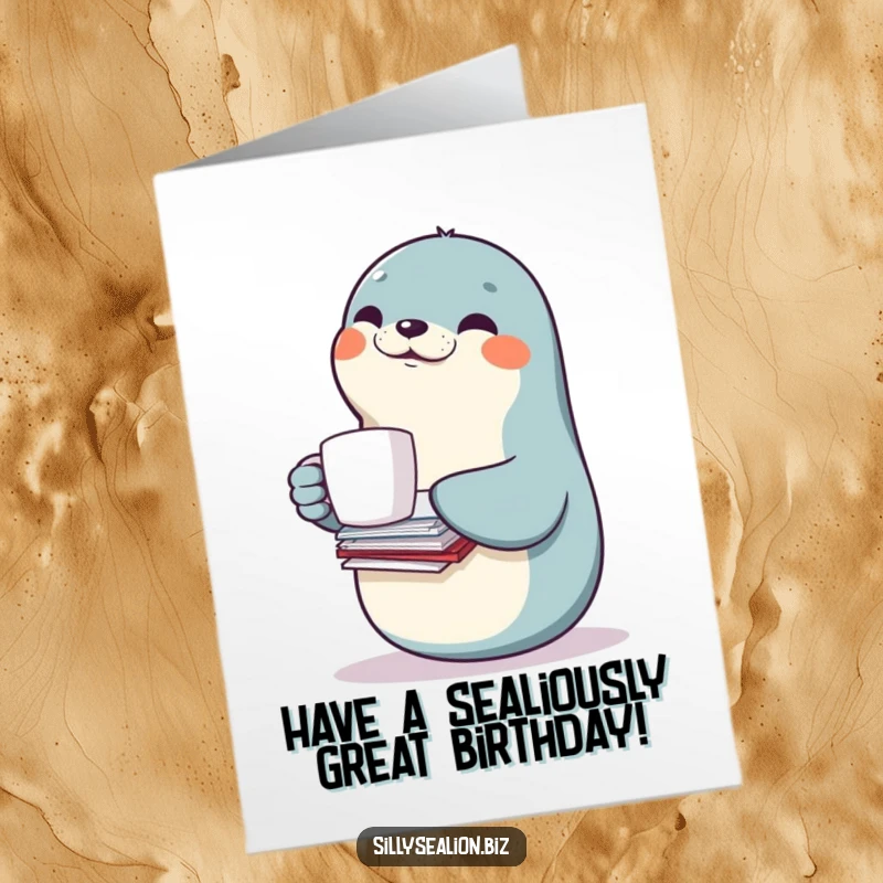 Funny Free Printable Birthday Card of a smiling sea lion character precariously balancing a coffee mug and a tall stack of papers.