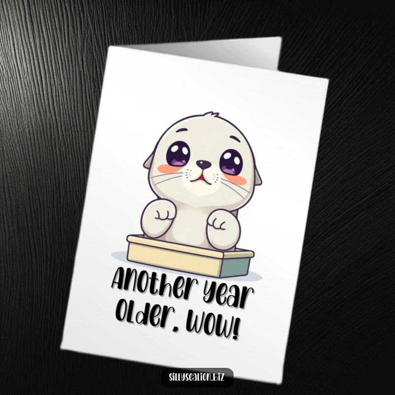 Funny Free Printable Birthday Card: A sea lion pup with huge eyes peeking up from a miniature desk, a delightful birthday surprise.