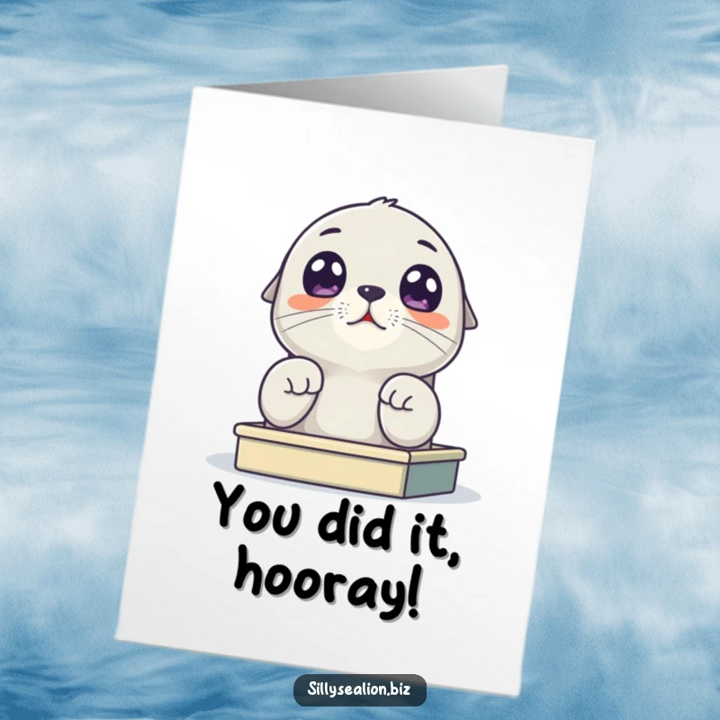 Funny Free Printable Congrats Card: A sea lion pup with large, expressive eyes looking up from a tiny desk, perfect for congratulations.