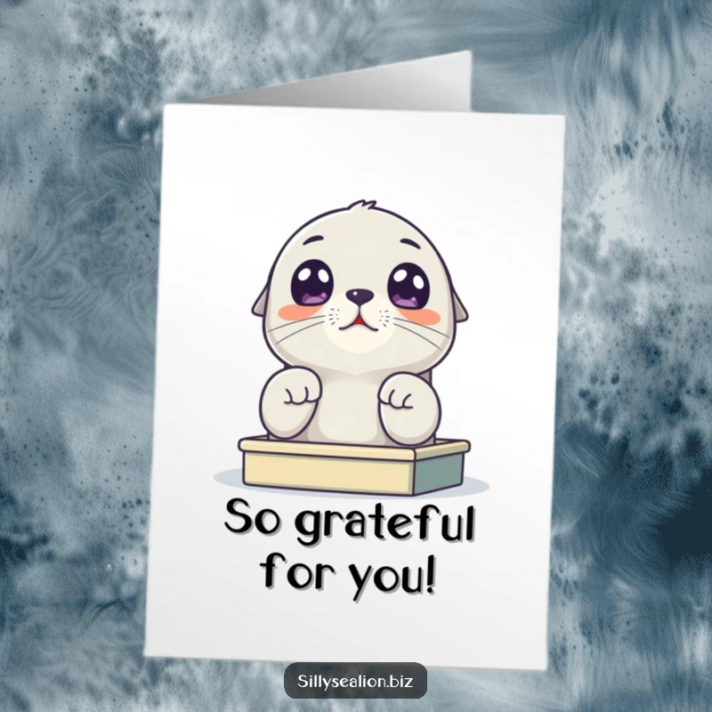 Funny Free Printable Thank You Card: A sea lion pup with wide, innocent eyes looking up from a small desk, a unique thank you.