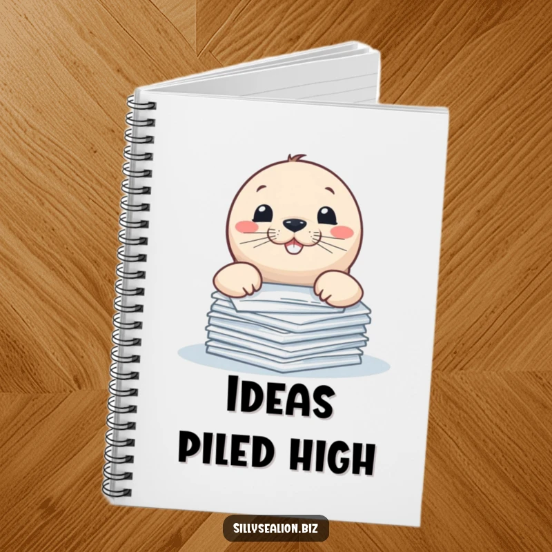 Funny sea lion notebook, playfully peeking over a stack of papers with a mischievous grin.