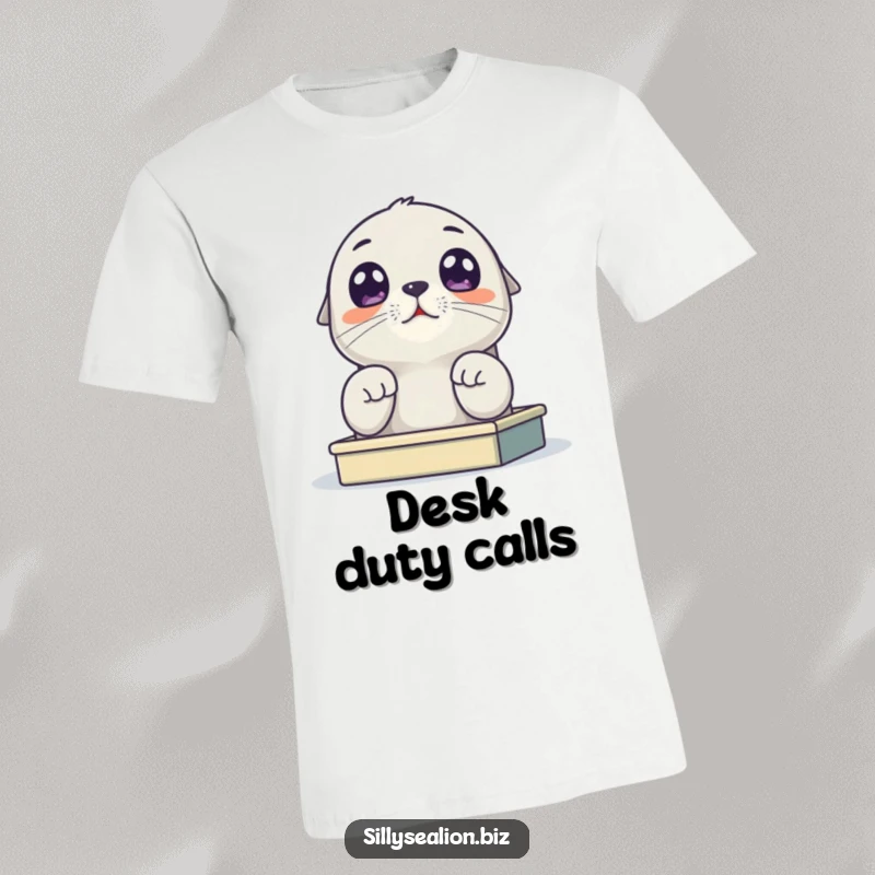 Funny sea lion pup t-shirt featuring a cute pup looking up with huge, innocent eyes from a tiny, cluttered desk, conveying mild panic.