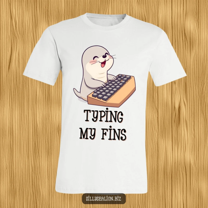 Funny sea lion t-shirt featuring a cute sea lion character enthusiastically pounding on a giant keyboard, symbolizing intense typing.