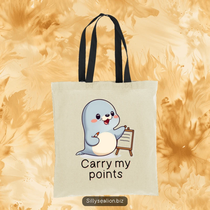 Funny sea lion tote bag featuring a happy sea lion character presenting with a pointer and a whiteboard, perfect for speakers.