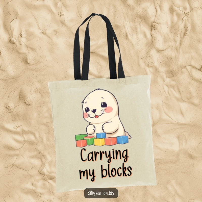 Funny sea lion pup tote bag showcasing a cute pup intently sorting a colorful assortment of small blocks, looking engaged.