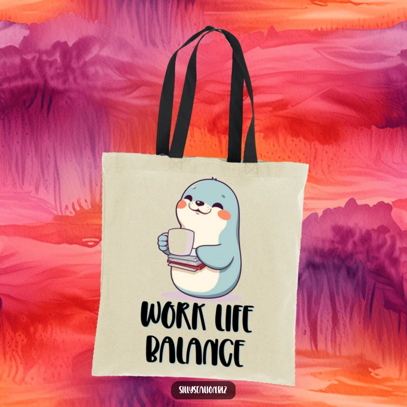 Funny sea lion tote bag featuring a smiling sea lion character balancing a coffee cup and a tall stack of papers.